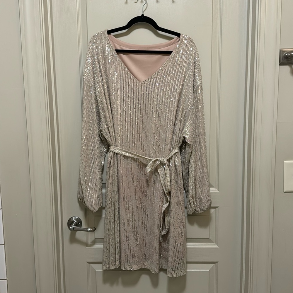 Champagne sequin dress with waist tie